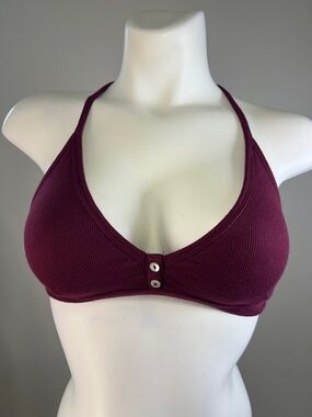 Intimately by Free People Ribbed Halter Bralette with Front Buttons — Plum SMALL